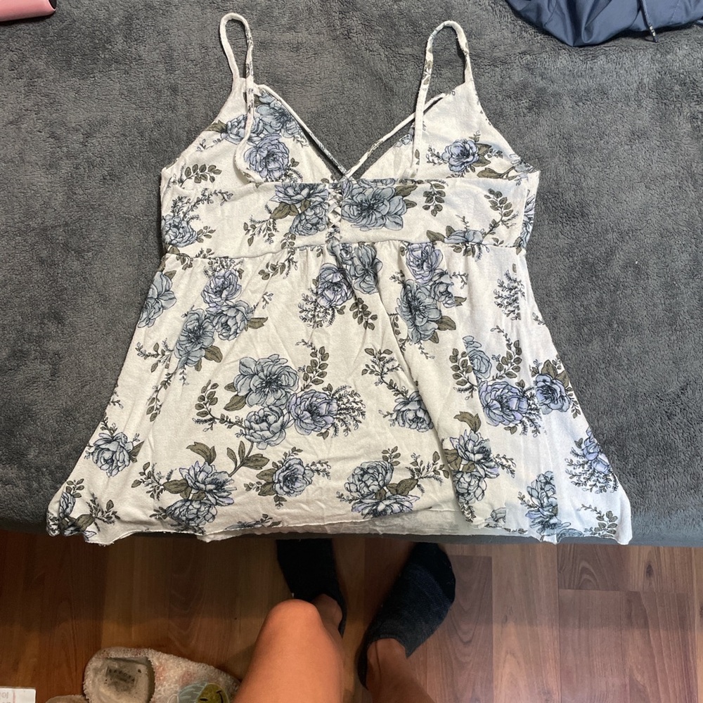 Floral Spaghetti Strap Top - Blue and White